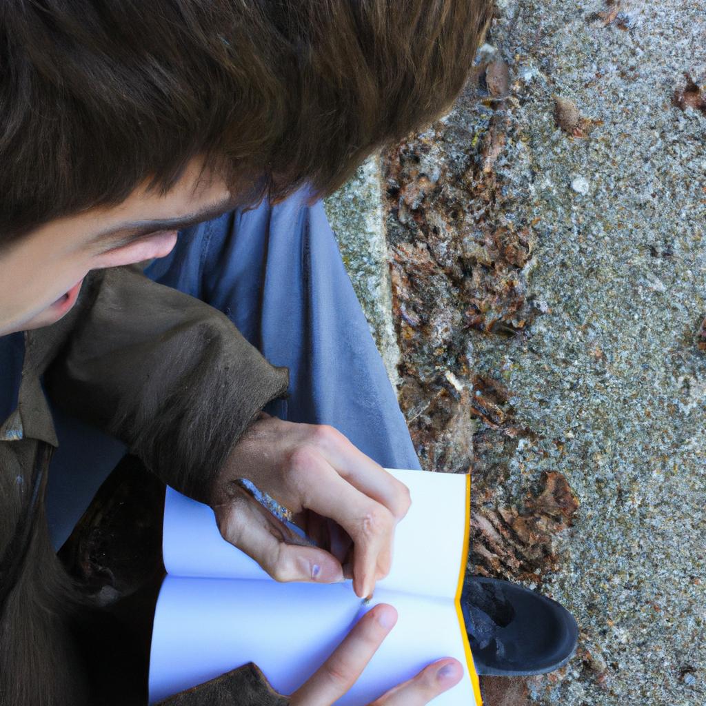 Person reading and writing outdoors